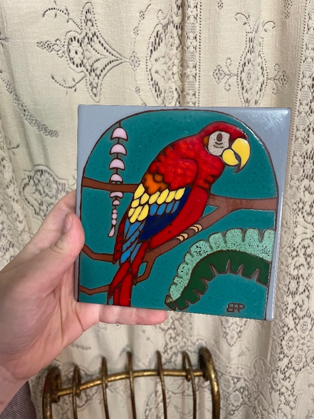 Prusa: vintage hand-painted 6x6" tile of vibrant red macaw parrot design